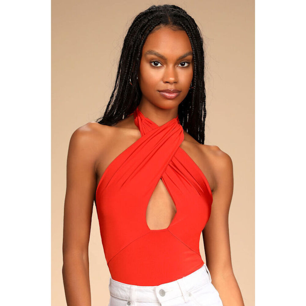 Lulus Catch Me Later Red Orange Cross-front Cutout Halter Bodysuit - Size M